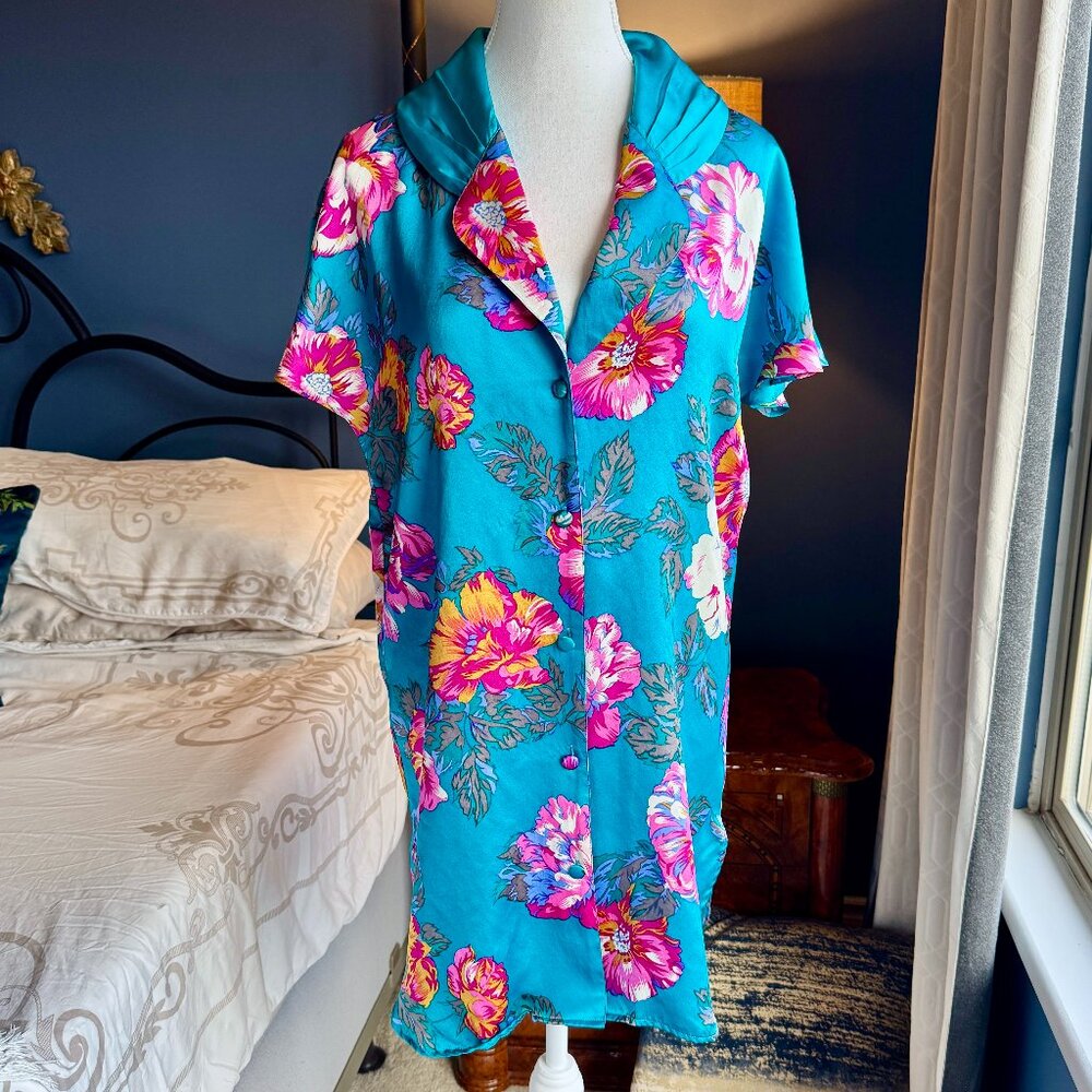 Victoria's Secret 100% Silk Vintage 90s Colourful Floral Nightie Sleep Shirt